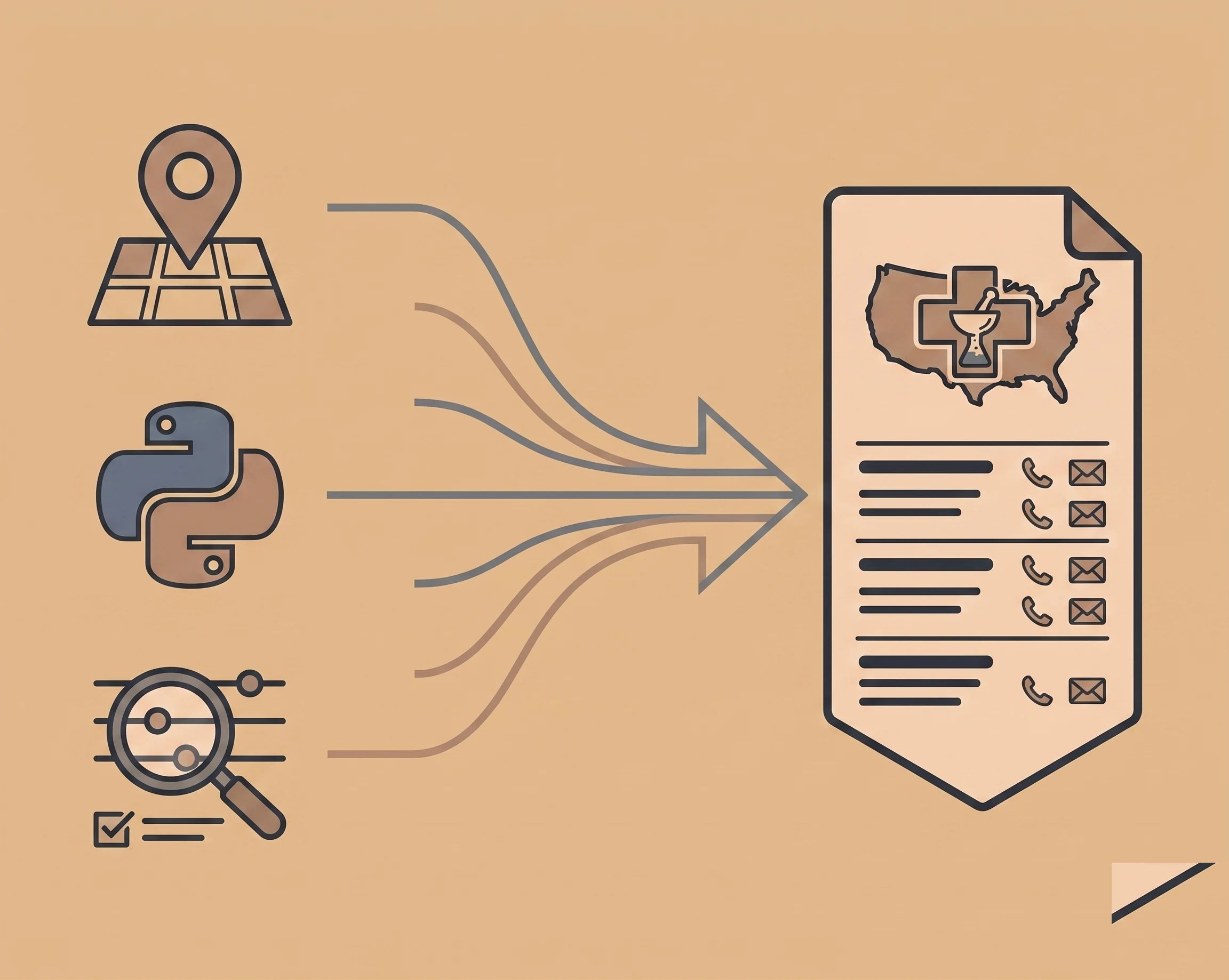 Flat illustration showing three icons on the left — a map pin over a small map, the Python logo, and a magnifying glass with filter controls — converging via arrows into a document on the right containing a national map outline with a pharmacy symbol and rows of contact details (phone and email icons). Warm tan background.