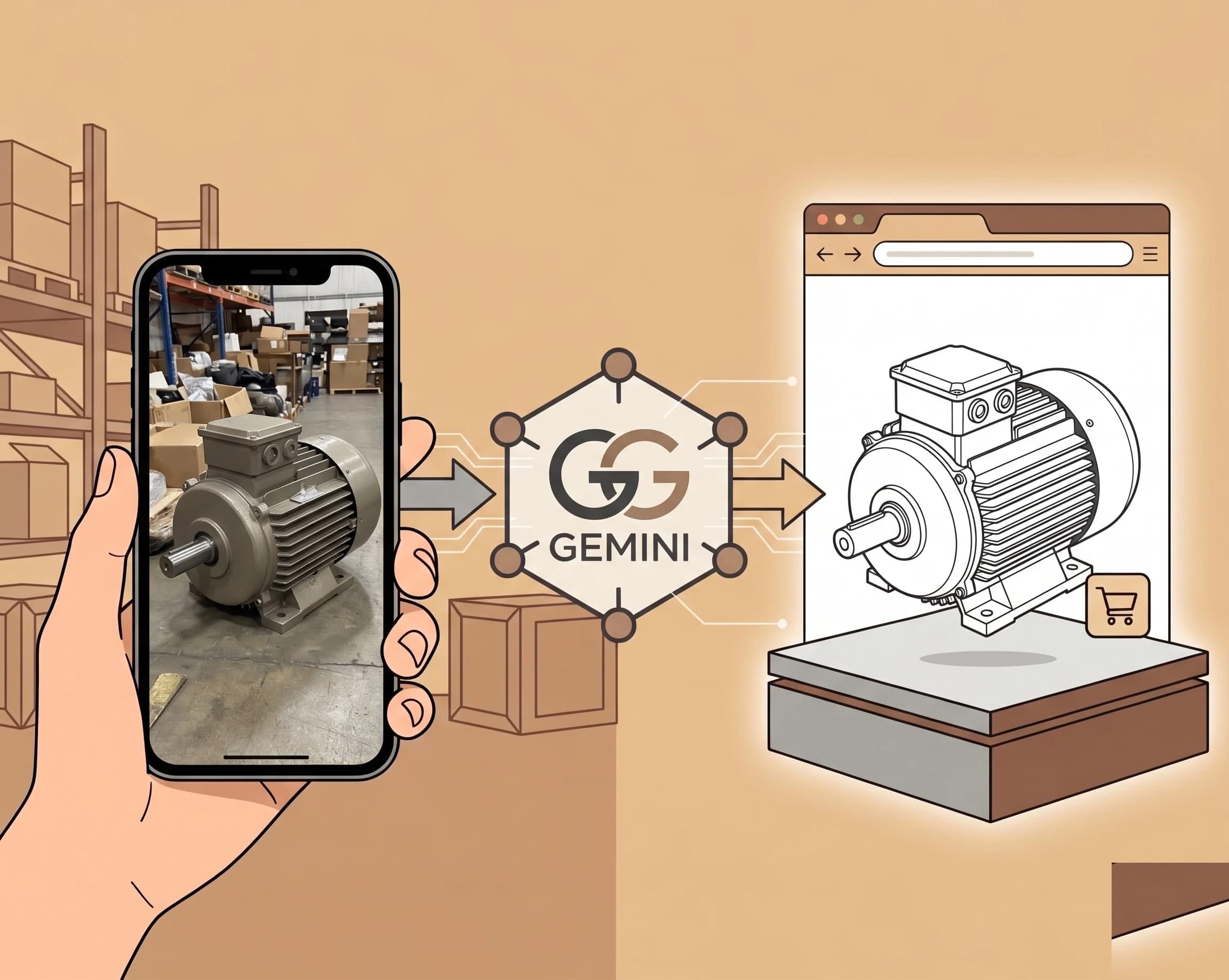 Flat illustration showing a hand holding an iPhone photographing a piece of industrial equipment in a warehouse on the left, an AI processing hexagon in the middle, and a clean studio-quality catalogue image of the equipment displayed in a browser window on the right. Warm tan background.