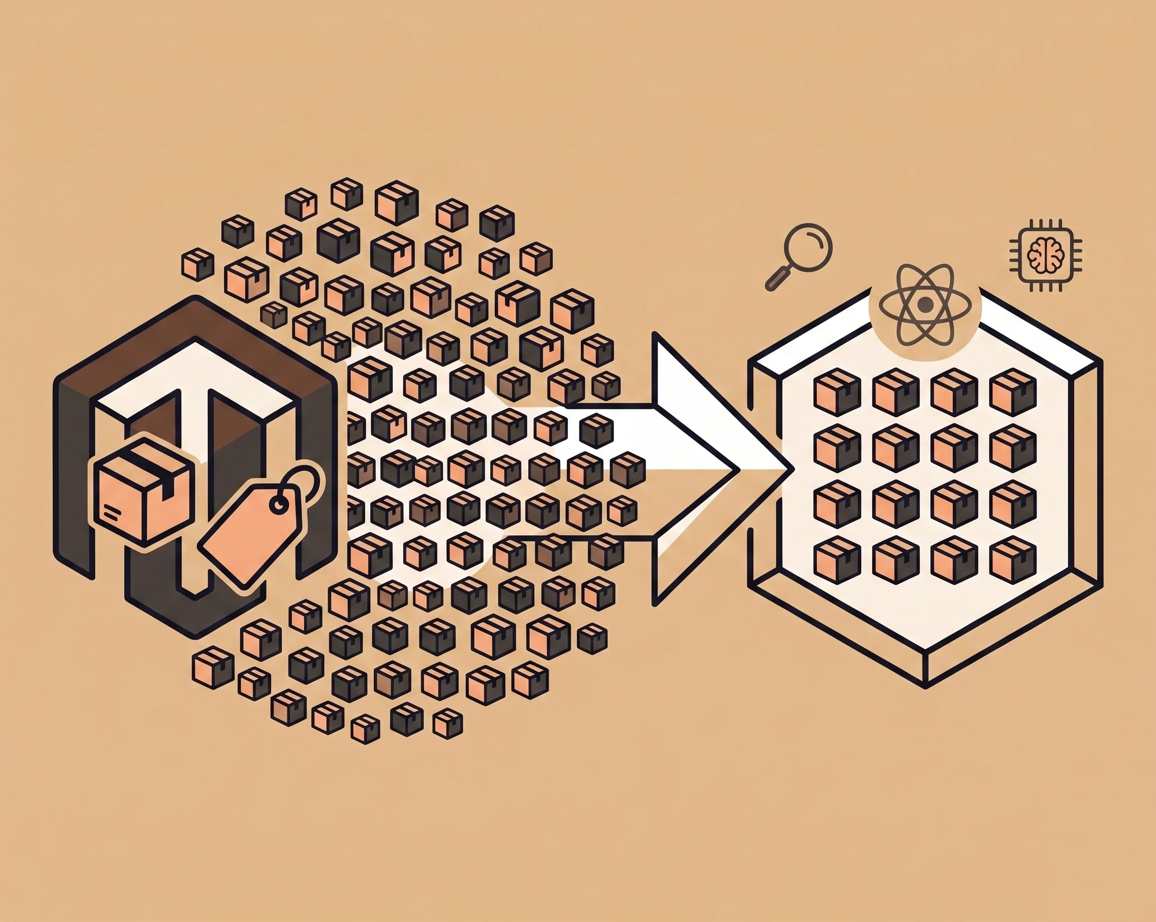 Flat illustration showing a cluttered Magento storefront on the left with a swarm of product boxes flowing via a large arrow into a neat hexagonal grid of organised boxes on the right, with React, magnifying-glass, and microchip icons above suggesting a modern technical SEO foundation. Warm tan background.