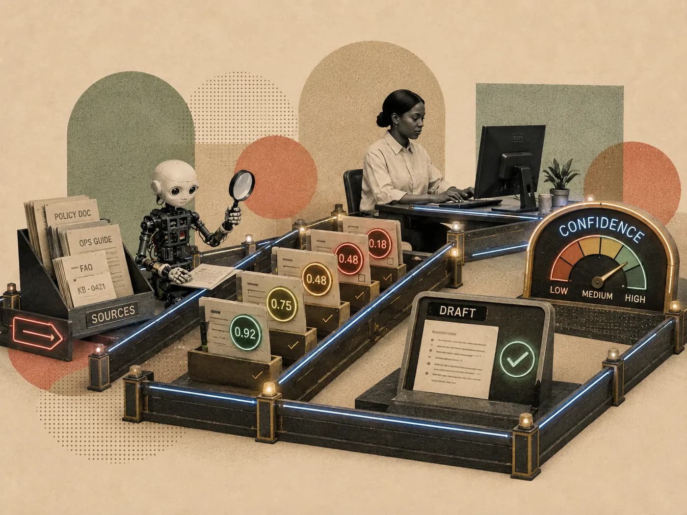 Retro collage: source documents feeding confidence-scored cards and a low–medium–high confidence gauge into a drafted, human-checked response.