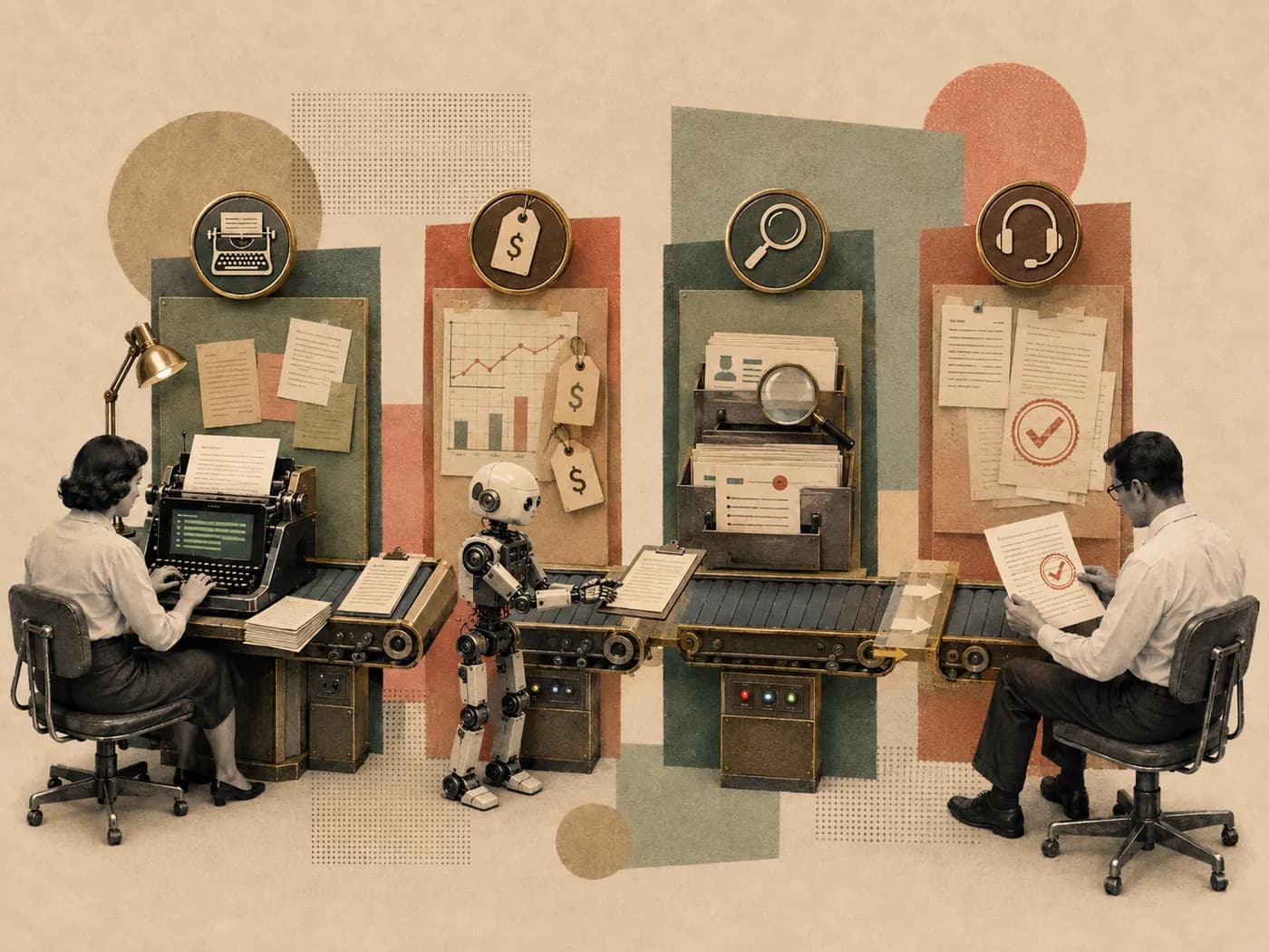 Retro collage: an assembly line where a typist hands work to a robot and on to a person reviewing with a checkmark — narrow agentic workflows with clear hand-offs.