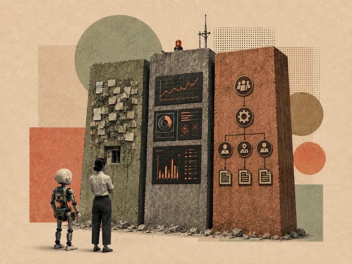 Retro collage: a robot and a person facing a towering wall built of data dashboards, an org chart and stacked documents.