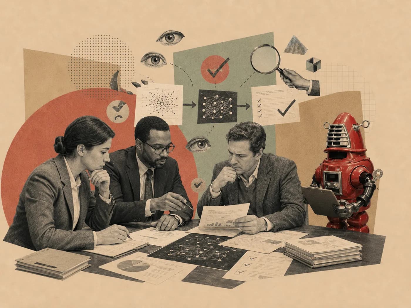 Retro collage: three colleagues reviewing data together and verifying it with checkmarks and a magnifying glass.