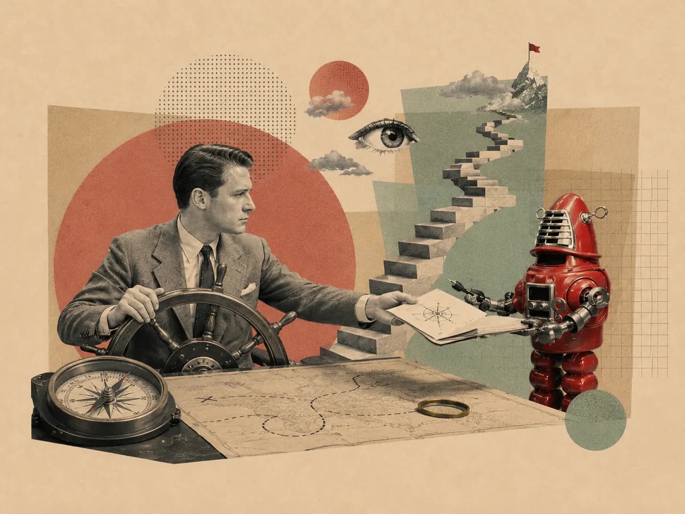 Retro collage: a man steering a ship's wheel with a compass and map while a robot hands him a chart — keeping human judgement at the helm.