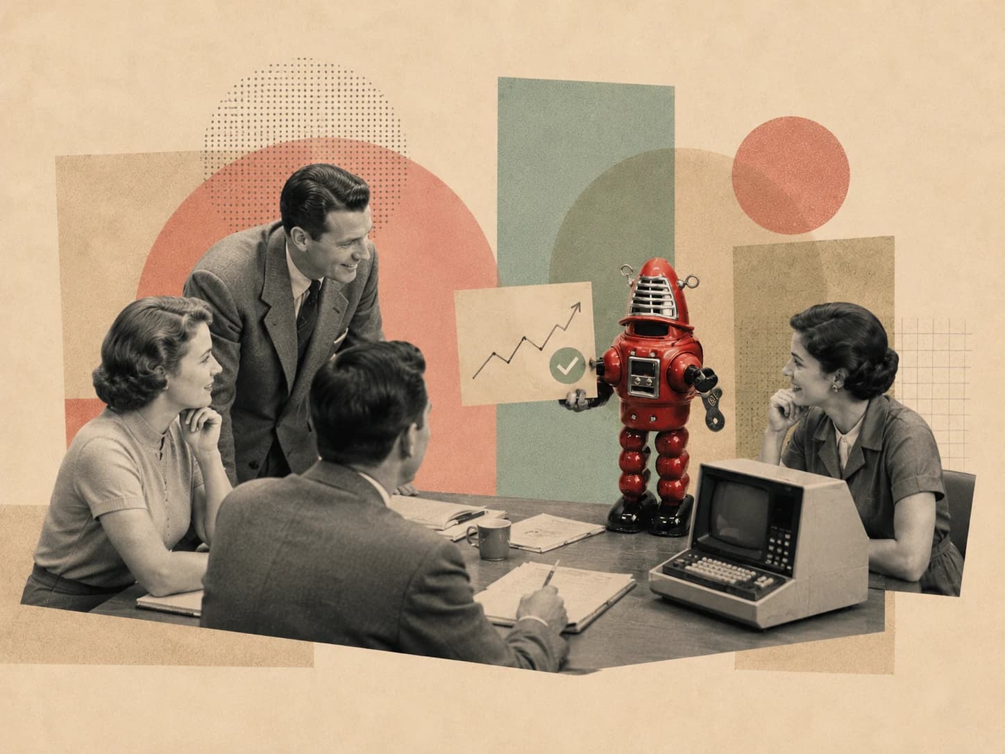Editorial collage on a warm neutral background: a team in a meeting with a red robot presenting an upward chart marked with a green check.