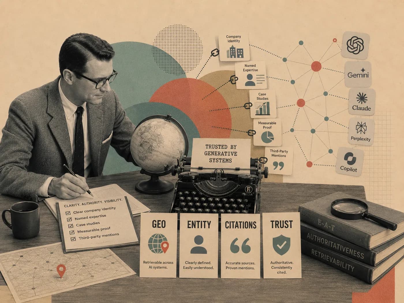 Retro collage headed 'Trusted by generative systems', with cards for GEO, Entity, Citations and Trust linked out to ChatGPT, Gemini, Claude, Perplexity and Copilot.