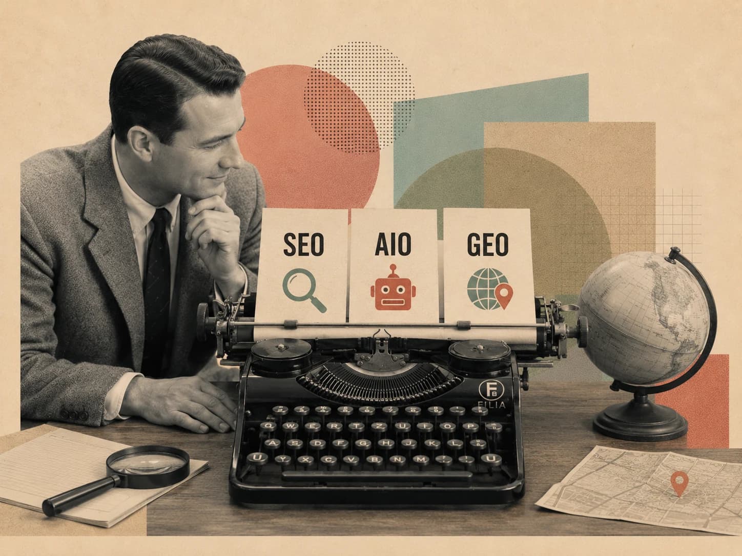 Editorial collage on a warm neutral background: a man beside a typewriter holding cards labelled SEO, AIO, and GEO, with a globe, magnifying glass, and map.