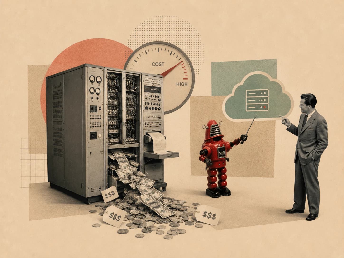 Editorial collage on a warm neutral background: a vintage server machine spilling money, a high cost gauge, a red robot pointing to a cloud server, and a suited man presenting.