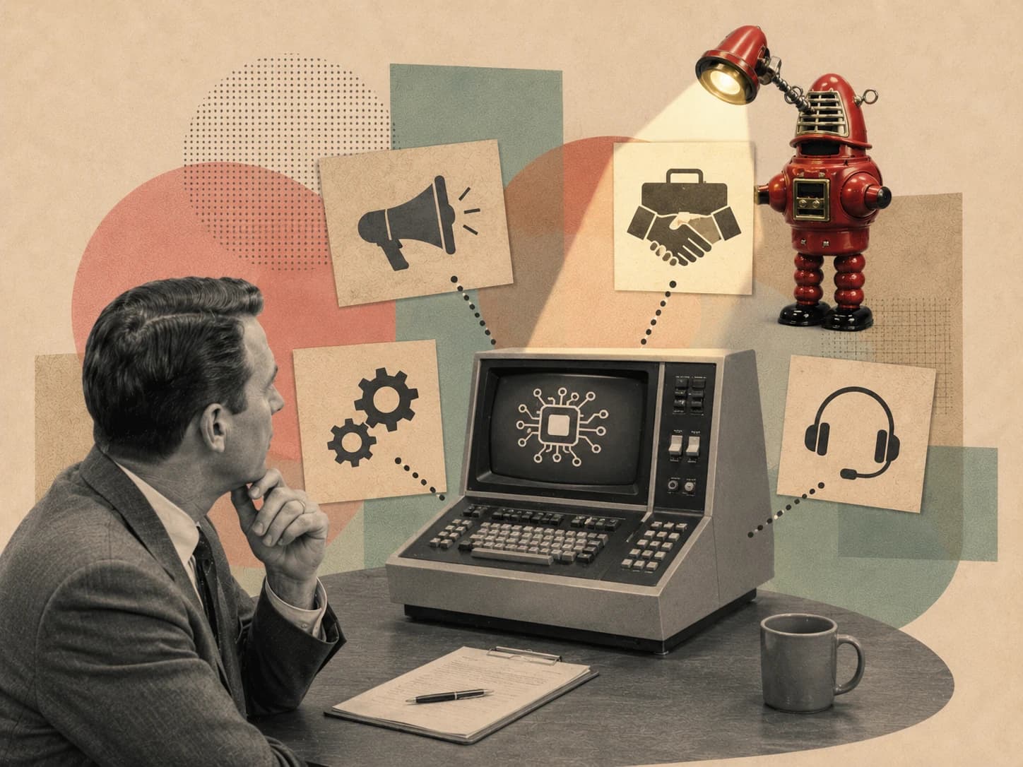 Editorial collage on a warm neutral background: a businessperson looking at a vintage computer connected to icons for marketing, sales, operations, and support, with a red robot shining a light.